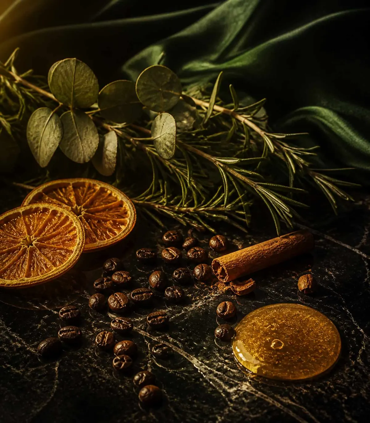 Perfumery raw materials — eucalyptus, rosemary, dried orange, coffee beans, cinnamon and honey on dark marble