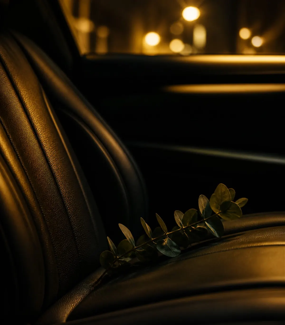 A eucalyptus sprig resting on dark leather in a car at night