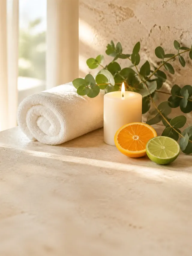 A reed diffuser in a bright spa bathroom